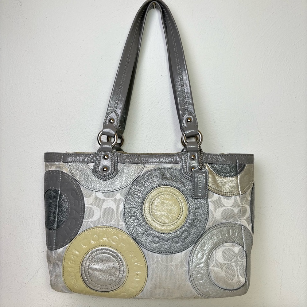 COACH F19042 Patent Leather Canvas Jacquard Logo Monogram Tote Bag Purse - Picture 16 of 16